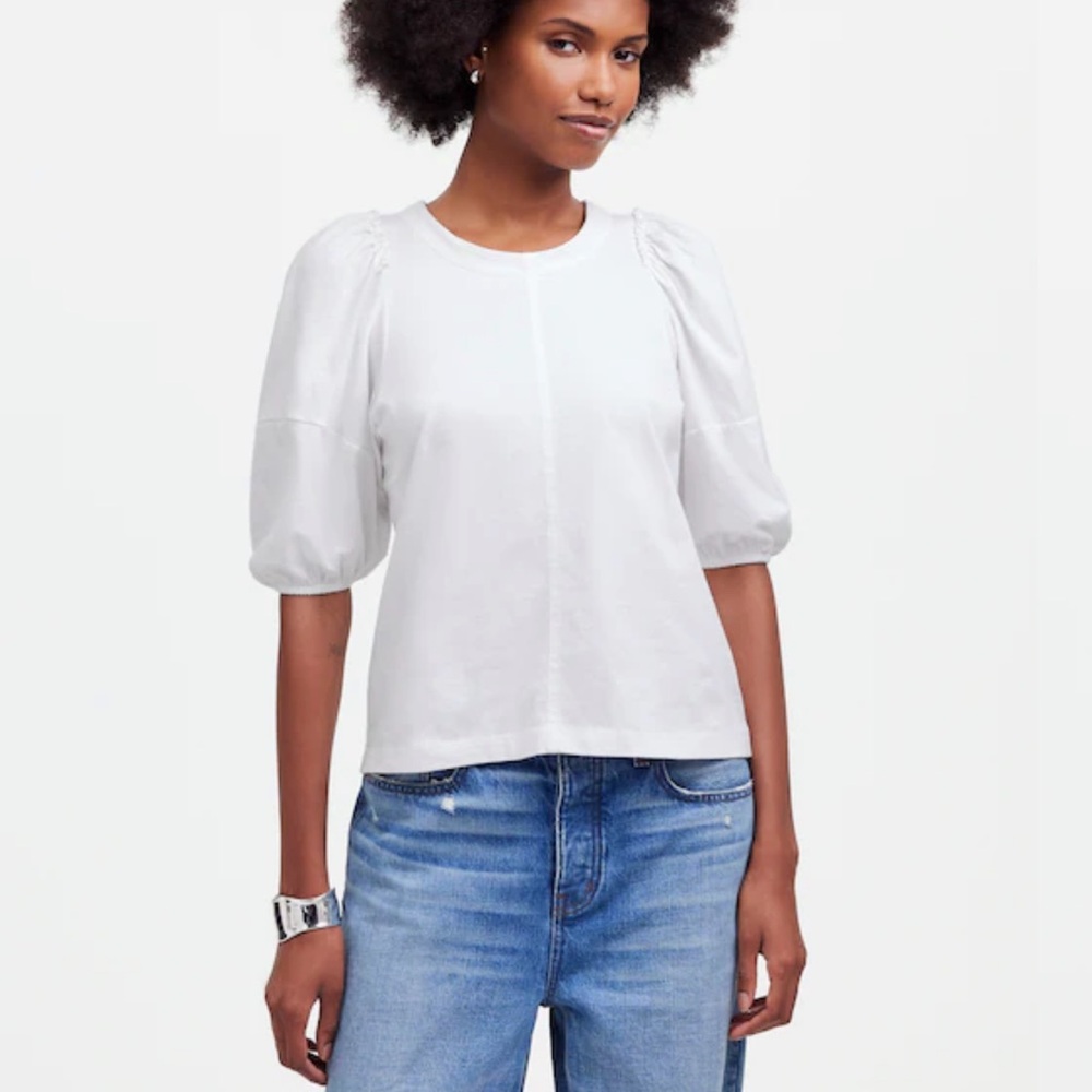 NEW MADEWELL Puff Sleeve Tee Mixed Media in White Size Small